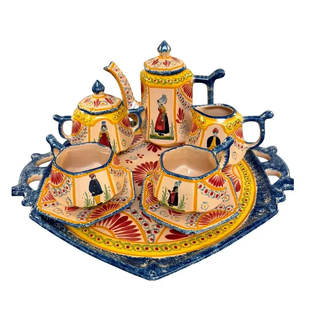 French Vire Faience Vintage Tray Teapot Cups Sugar Cream Covered Dish-9 PC Set - Picture 1 of 14